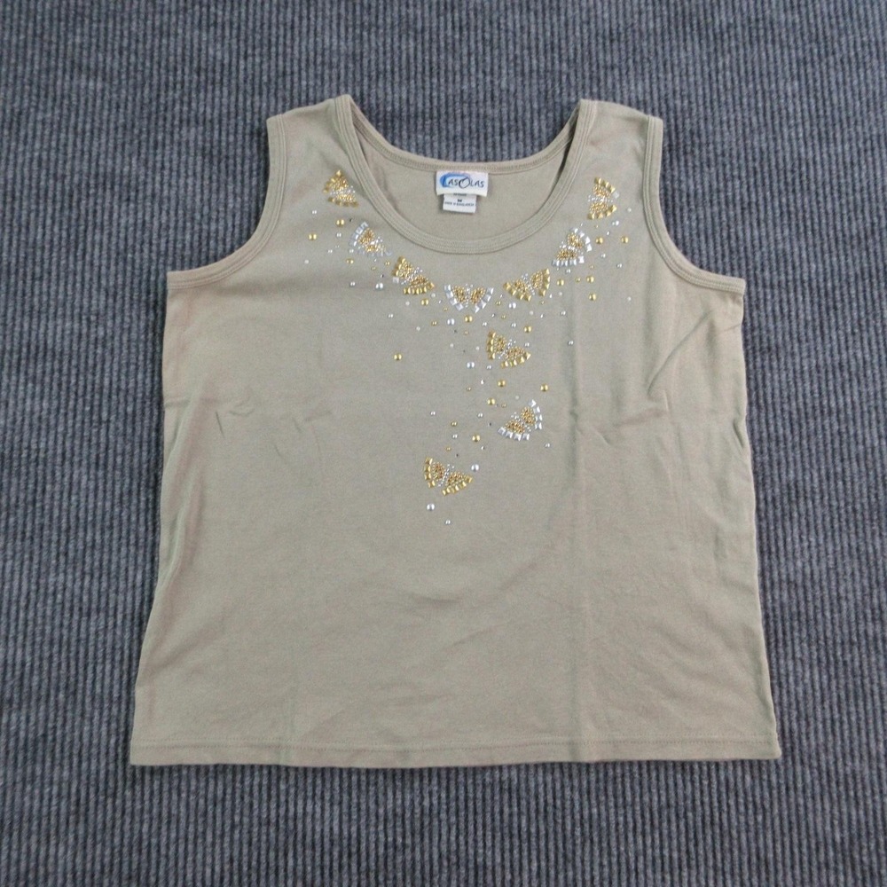 Las Olas Tank Womens M Beige Beaded Rhinestone Round Neck Sleeveless Jersey